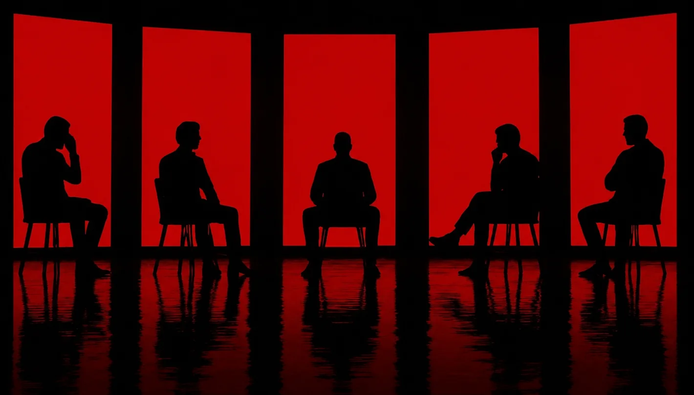 Silhouettes of the Portée Studio team, seated in profile against red backlit panels